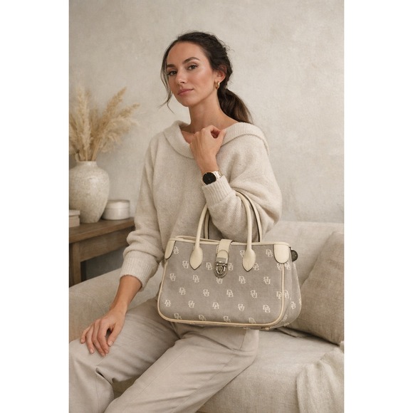 Dooney & Bourke Handbags - Dooney‎ & Bourke Monogram Canvas Leather Trim Satchel Bag Cream Beige Pink Liner